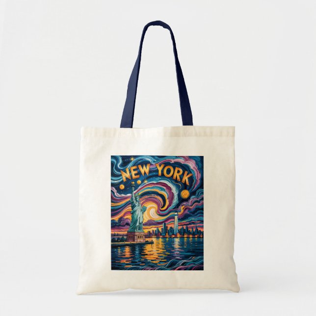 Bolsa Tote Van Gogh Starry Night New York Liberty Skyline Art (Frente)