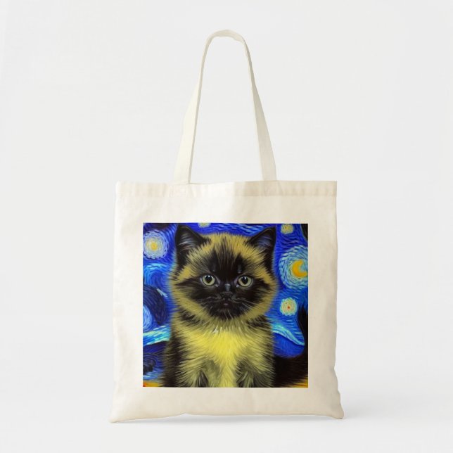 Bolsa Tote Van Gogh Starry Night Siamese Cat (Frente)