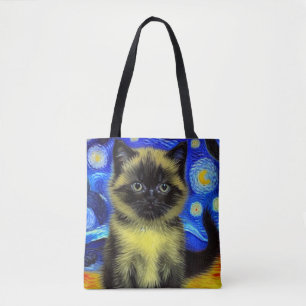 Bolsa Tote Van Gogh Starry Night Siamese Cat