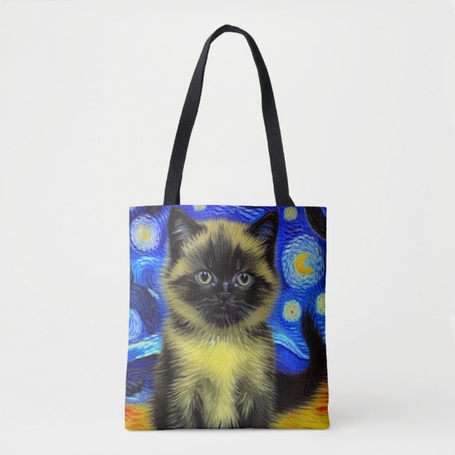Bolsa Tote Van Gogh Starry Night Siamese Cat (Frente)