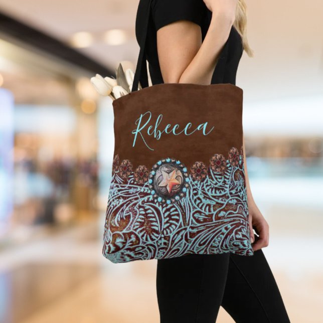 Bolsa Tote vaqueiro de couro castanho-turquesa oeste (turquoise brown leather cowboy country western tote bag)