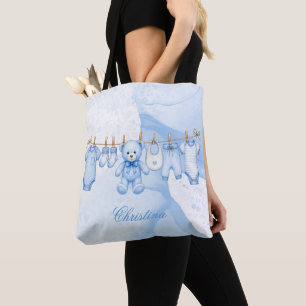 Bolsa Tote Varal de Roupas de Ursinho de Pelúcia Azul Baby Sh