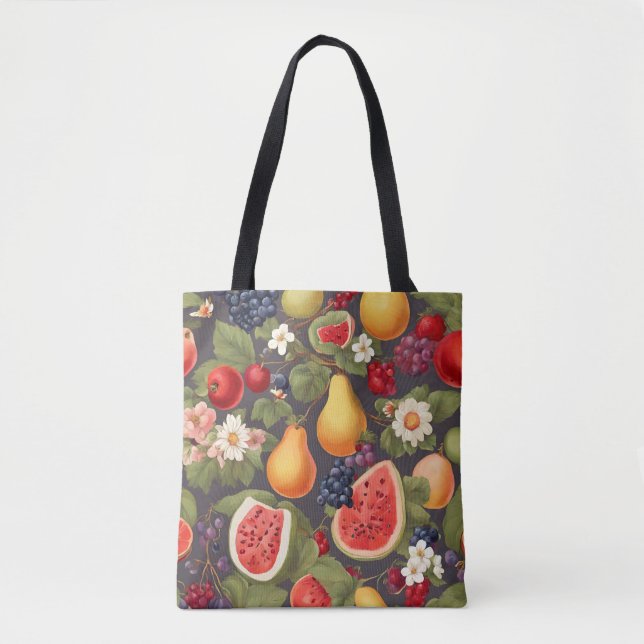 Bolsa Tote Várias Frutas, Folhas Escovoras e Flores Maravilho (Frente)