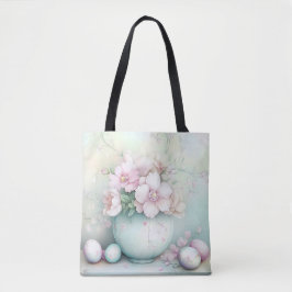 BOLSA TOTE VASE DE PÁSCOA ROSA E VERDE PASTEL & FLORES
