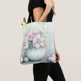 BOLSA TOTE VASE DE PÁSCOA ROSA E VERDE PASTEL & FLORES