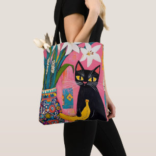 Bolsa Tote Vaso de Flores e Banana de Gato Preto Engraçado