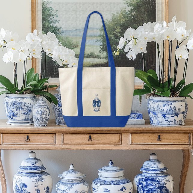 Bolsa Tote Vaso de Gengibre Chinesice com Contraste de Laço A (Ginger Jar contrast trim boat tote bag with custom initials monogram)
