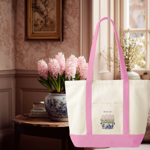 Bolsa Tote Vaso de Porcelana com Hiascintos Rosa e Laço Rosa