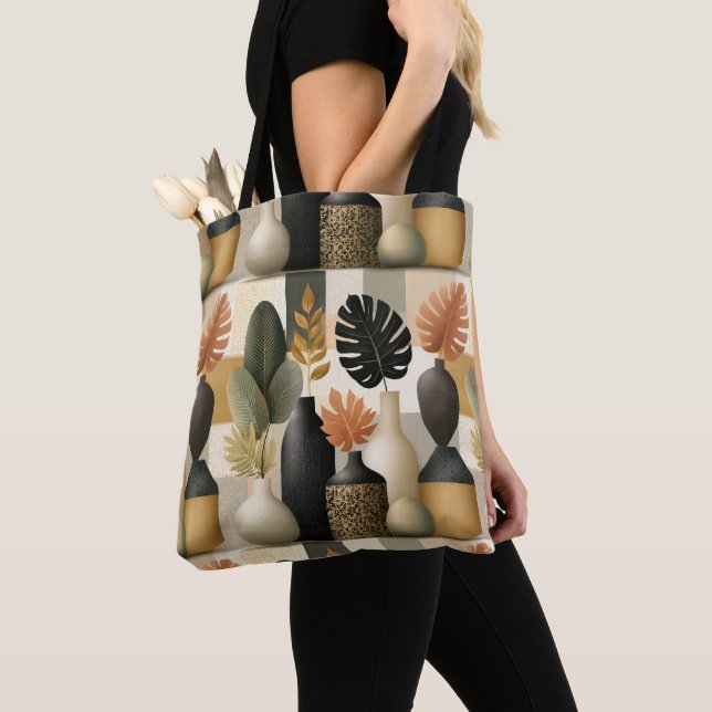 Bolsa Tote Vasos Cerâmicos Modernos Boho e Folhas Botânicas (Close Up)