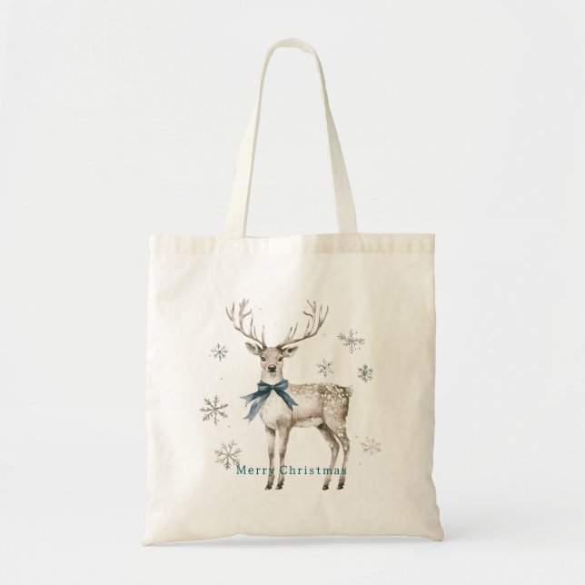 Bolsa Tote Veado Arco Azul Flocos de Neve Natal (Frente)