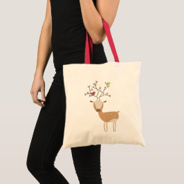 Bolsa Tote Veado de Natal Branco com Aves