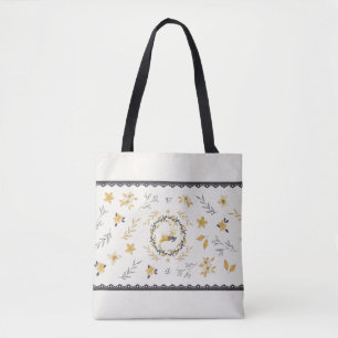 Bolsa Tote Veado no Natal Amarelo Creme Floral Azul