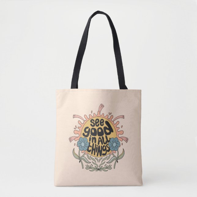 Bolsa Tote Veja Bom em todas as coisas, Hippie Graphic (Frente)