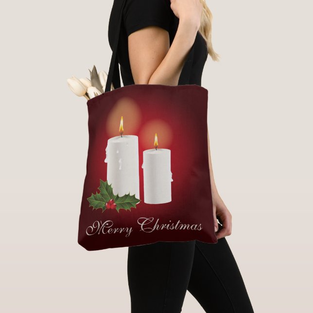 Bolsa Tote Velas de Natal Branco Em Vermelho Com Texto Person (Close Up)