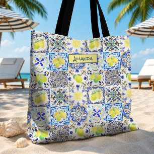 Bolsa Tote Verão Rosa Azul Siciliano Louça Citrinos