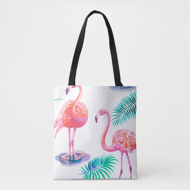 Bolsa Tote Verão tropical com folhas de palma de flamingos e  (Frente)