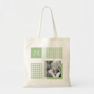 Bolsa Tote Verde Adicione Sua Foto Gingham Modern Monograma