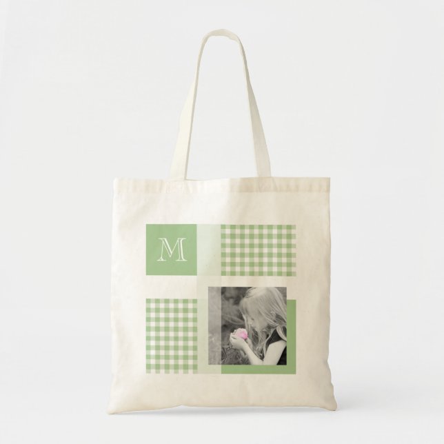 Bolsa Tote Verde Adicione Sua Foto Gingham Moderno Monograma (Frente)