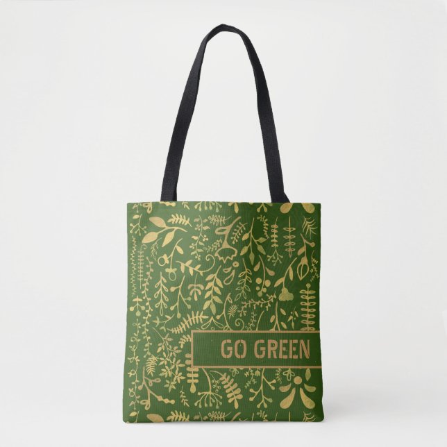 Bolsa Tote Verde, Dourada Frota Floral (Frente)