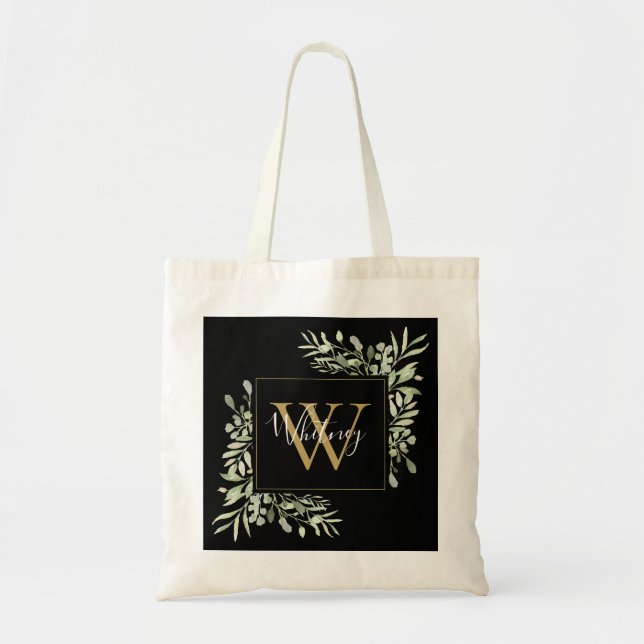 Bolsa Tote Verde Dourado preto Monograma Verde Floral (Frente)