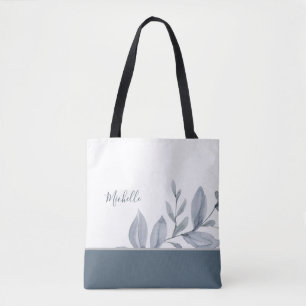 Bolsa Tote Verde Dusty Blue Watercolor com nome