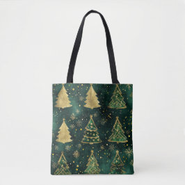 BOLSA TOTE VERDE E GELO DOURADO OLHAM ÁRVORES DE NATAL