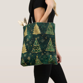 BOLSA TOTE VERDE E GELO DOURADO OLHAM ÁRVORES DE NATAL