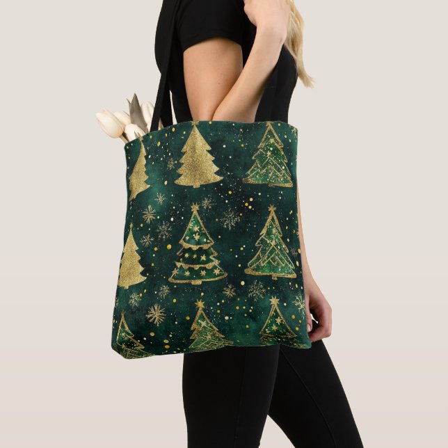 BOLSA TOTE VERDE E GELO DOURADO OLHAM ÁRVORES DE NATAL (Close Up)