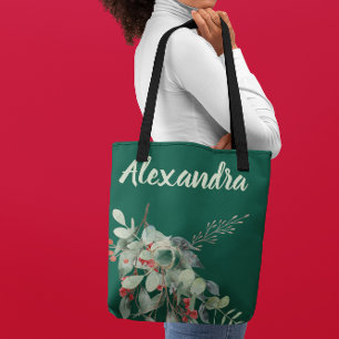 Bolsa Tote Verde escuro com Folhas e Bagas de Aquarela Nomead