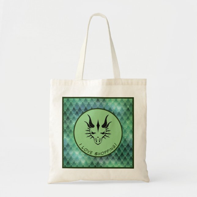 Bolsa Tote Verde Eu Adoro Comprar Cabeça de Dragão e Escalas (Frente)