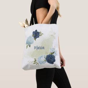 Bolsa Tote verde floral azul poeirento marinho