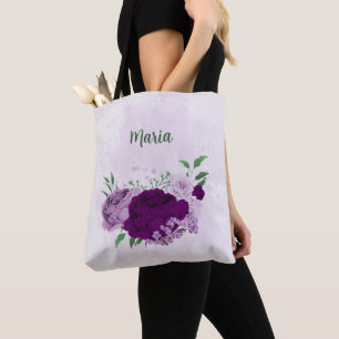Bolsa Tote verde-flores roxas