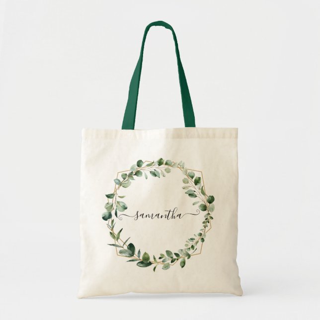 Bolsa Tote Verde Geométrico Folhas de Eucalyptus Personalizad (Frente)
