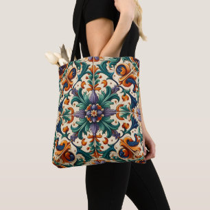 Bolsa Tote Verde Laranja Roxo Português Azulejos Azulejos Art