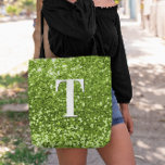 Bolsa Tote Verde limão Faux Glitter Bokeh Sparkly Monograma<br><div class="desc">Um moderno monograma solteiro em branco com uma sombra negra. O tamanho, a cor e o estilo da fonte são personalizáveis. O fundo é um verde limão reluzente com pontos cintilantes ou bokeh. Mova ou elimine as minúsculas imagens de cinza. Um presente personalizado para uma dama de honra ou outro...</div>