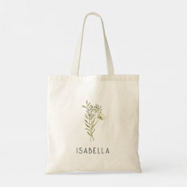 Bolsa Tote Verde Minimal Floral Nome Personalizado Moderno
