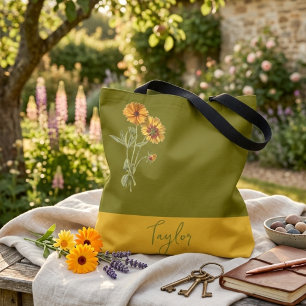 Bolsa Tote Verde Oliva Floral Minimalista Moderno Elegante