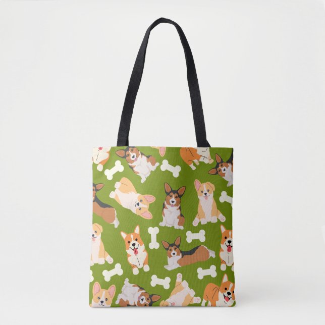 Bolsa Tote Verde-Padrão de Corgi Cute (Frente)
