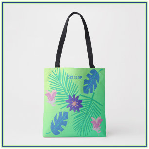 Bolsa Tote Verde rosa moderno e tropical roxa