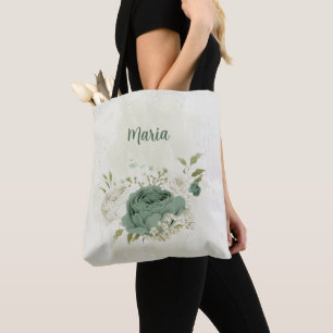 Bolsa Tote verde sálvia e flor branca