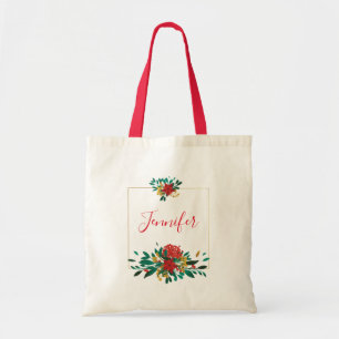 Bolsa Tote Verde Vermelho Moderno e Dourado Natal Floral