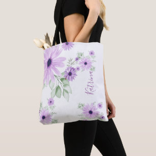 Bolsa Tote Verde Violeta Personalizado, Flores de Cores Aquá