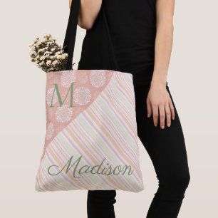 Bolsa Tote Verdes cor-de-rosa Trendy Floral Strips Nome Monog