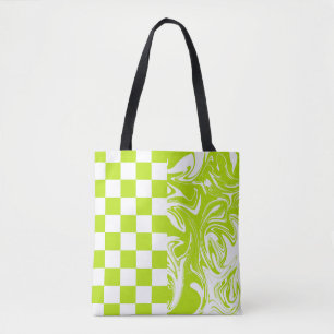 Bolsa Tote Verificações e espirais em Verde limão e branco