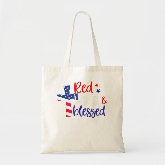 Bolsa Tote Vermelho Branco abençoado americano Jesus Cruz Cri (Frente)
