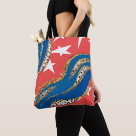 BOLSA TOTE VERMELHO BRANCO AZUL OURO PATRIÓTICO ESTRELAS LIST
