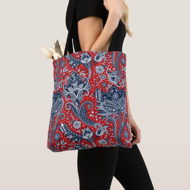 Bolsa Tote Vermelho Branco e Azul Floral Paisley Bohemian Boh (Close Up)