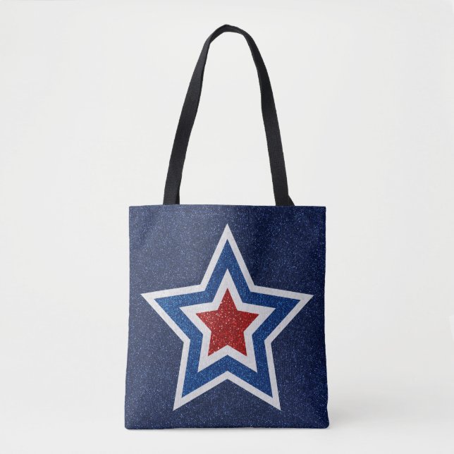 Bolsa Tote Vermelho, Branco, Estrela Azul Glitter 4 de Julho (Frente)