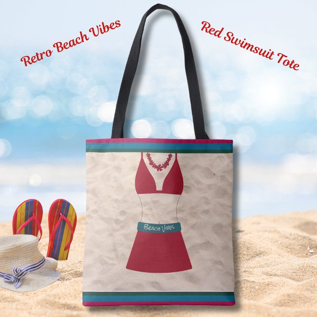 Bolsa Tote Vermelho Chic de Natação com Estilo Ret (Red Retro Chic Swimsuit Beach Vibes Tote)