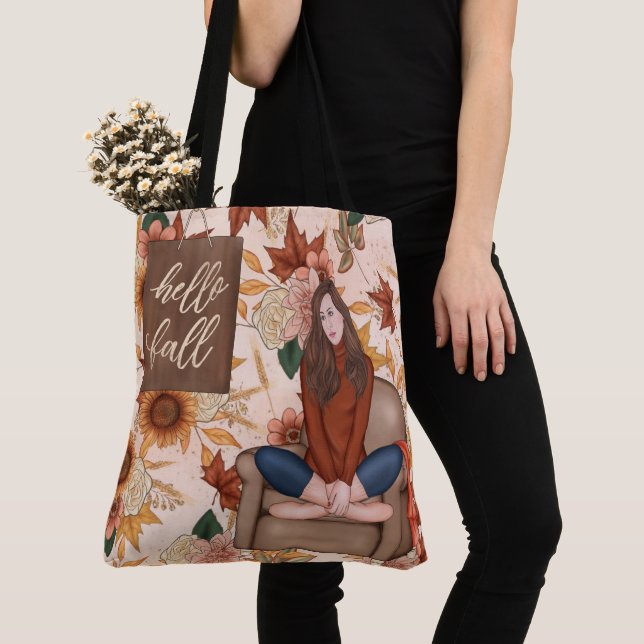 BOLSA TOTE VERMELHO COM FOLHAS DOURADAS AMARELAS E FOLHAS (Close Up)